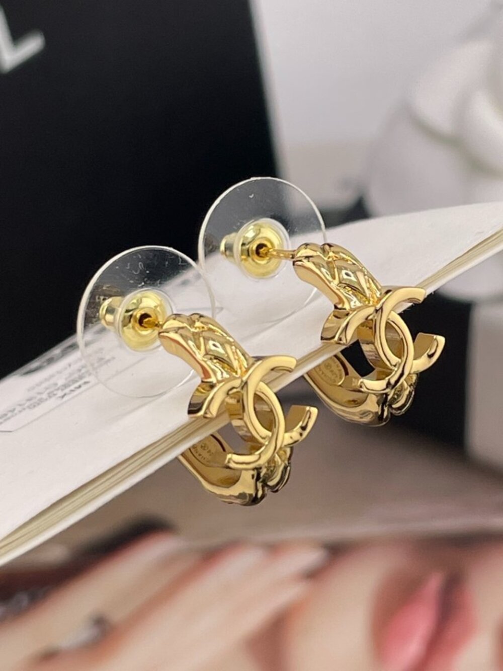 Authentic Chanel Gold Tone Textured CC Logo Hoop Earrings